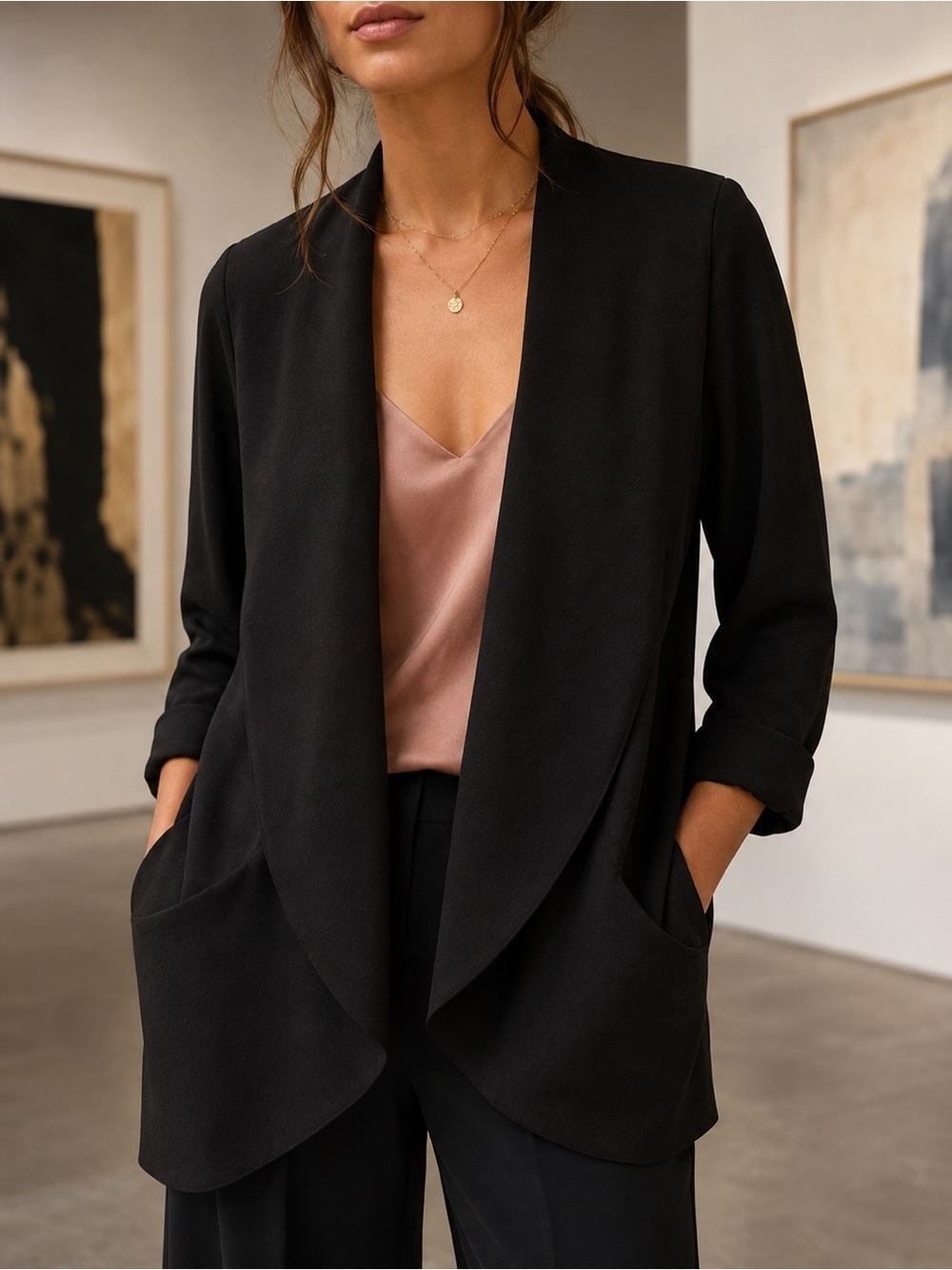 Aritzia Wilfred Black Open Front Blazer Textured Shawl Collar Size 4 Chevalier